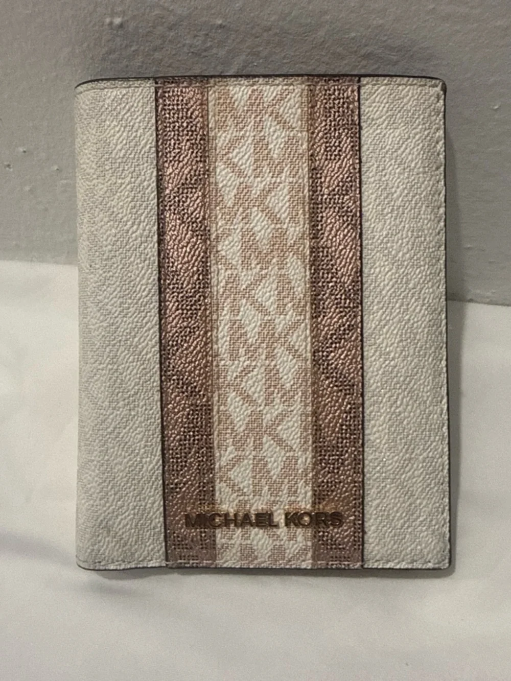 Michael Kors White and Rose Gold Stripe Passport Cover